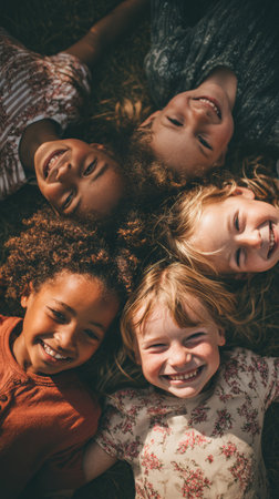 Smiling children lying on grass in circle enjoying friendship and happiness outdoors on sunny dayの素材