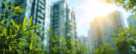 Green leaves with sunlight and blurred city buildings in background creating fresh and peaceful urban nature sceneの素材