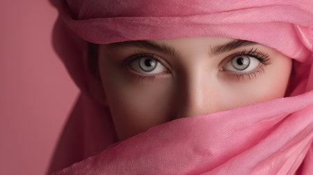 Young woman with blue eyes wearing pink headscarf covering face, soft light, close up portrait with calm expressionの素材