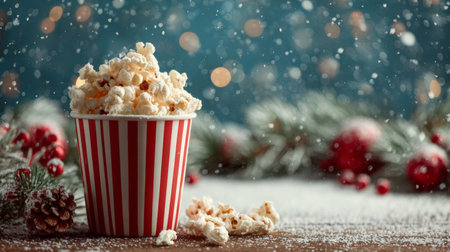 Popcorn in striped container with pine cone and red berries on snowy surface creating cozy winter holiday moodの素材