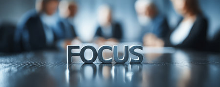 Focus word on wooden table with blurred business people in background showing concentration and teamworkの素材