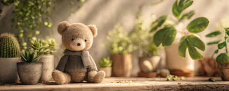 Soft teddy bear sitting on wooden surface surrounded by green potted plants in warm natural light creating cozy atmosphereの素材