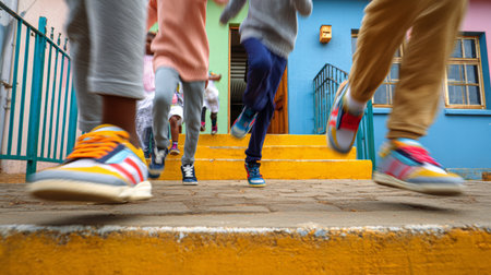 Children running down colorful steps outside vibrant building, showing energetic movement and playful activityの素材