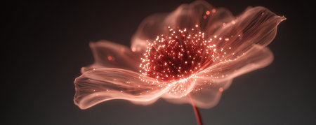 Glowing translucent flower with delicate petals and bright sparkling center on dark background, elegant and etherealの素材