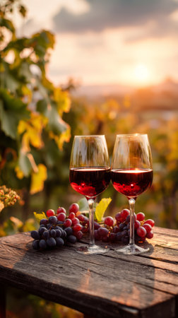 Two glasses of red wine with fresh grapes on wooden table in vineyard during sunset warm lightの素材