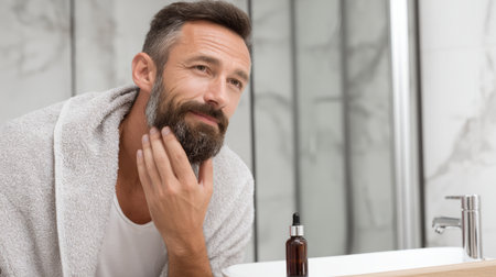 Man with beard gently touches his face in bathroom, wrapped in towel, showing calm and content expressionの素材