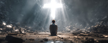 Man kneeling in dark cave illuminated by cross shaped light beam, symbolizing hope and faith in solitudeの素材