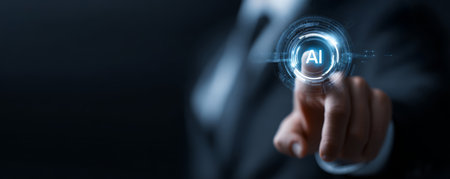 Artificial intelligence concept with businessman pointing at glowing AI icon in dark backgroundの素材