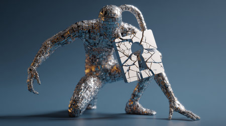 Metallic humanoid figure holding cracked lock symbol, representing cybersecurity breach or data vulnerability conceptの素材