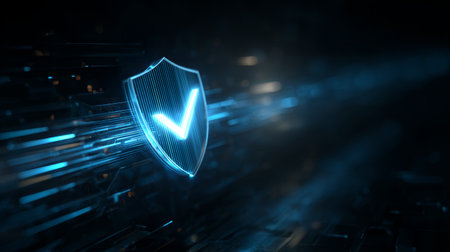 Cybersecurity shield with glowing checkmark symbolizing data protection and secure digital network in blue lightの素材