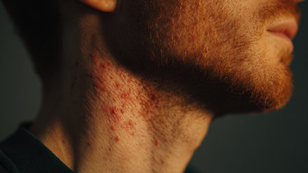 Red acne on male neck skin with beard closeup, skin irritation and inflammation visible, detailed texture and natural lightの素材