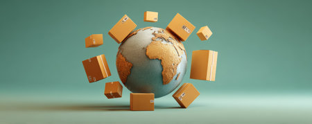 Global shipping concept with cardboard boxes floating around textured globe, symbolizing worldwide delivery and logisticsの素材