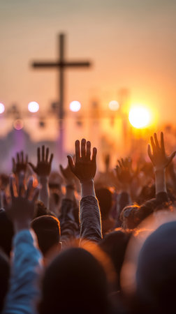 Worship hands raised, crowd praying at sunset with cross silhouette, spiritual gathering with warm lightの素材