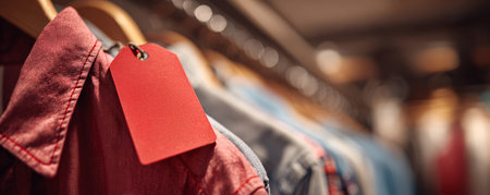 Red shirt with blank price tag hanging on wooden hanger in clothing store with blurred backgroundの素材