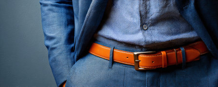 Blue suit with orange leather belt worn by man, showing close up of waist area with hands in pocketsの素材