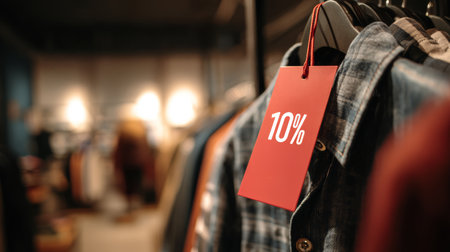 Discount tag on casual shirt hanging in store with warm lighting and blurred backgroundの素材