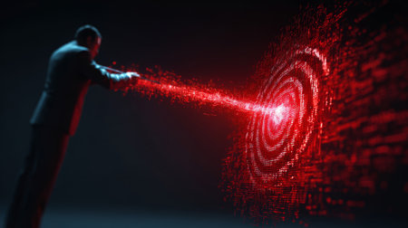 Man aiming red digital laser beam at glowing target, symbolizing focus and precision in dark settingの素材
