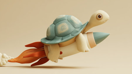 Turtle riding rocket with flame and smoke in beige background, playful and imaginative conceptの素材