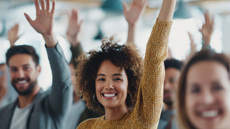 Happy diverse group raising hands together in office, teamwork, collaboration, success, positive energy, smiling womanの素材