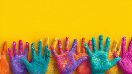 Colorful painted hands raised on yellow background, vibrant creative expression with multiple bright colors and joyful moodの素材