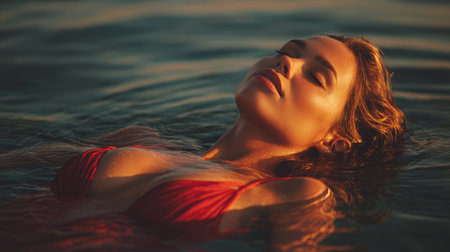 Woman in red bikini peacefully floats on calm water during golden hour, enjoying serene and warm momentの素材