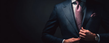 Businessman wearing dark suit and pink tie adjusting jacket confidently in low lightの素材