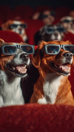 Two happy dogs wearing 3D glasses sitting in movie theater enjoying film with other dogs in backgroundの素材