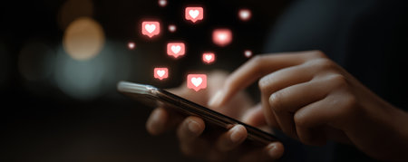 Person using smartphone with glowing heart icons floating above, showing social media engagement and digital connection nightの素材