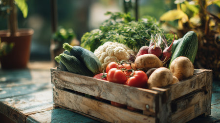 Fresh organic vegetables including tomatoes, potatoes, cauliflower, cucumbers, and radishes rustic wooden crate wooden tableの素材