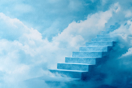 Staircase ascending into sky surrounded by soft clouds, symbolizing dream, hope, and spiritual journeyの素材