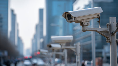 Surveillance camera on pole monitoring urban street with modern glass buildings and blurred traffic backgroundの素材