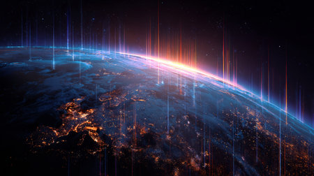 Earth at night with glowing city lights and colorful vertical light beams creating vibrant futuristic atmosphere in spaceの素材
