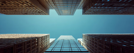 Skyscraper building glass facade with clear blue sky background in urban city centerの素材