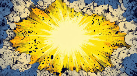 Explosion with bright yellow center and surrounding smoke clouds in comic style, dynamic and energetic visual effectの素材
