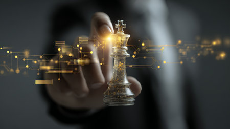 Chess king hand digital network technology strategy glowing light futuristic business concept innovation decision makingの素材