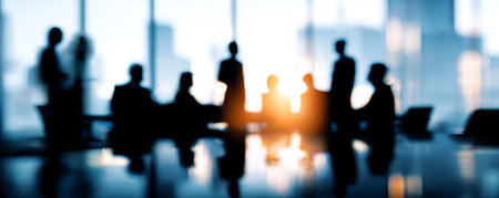 Business meeting with blurred people silhouette in modern office with sunlightの素材