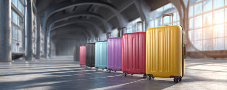 Colorful hard shell suitcases with wheels lined up in bright spacious terminal, ready for travel adventure and journeyの素材