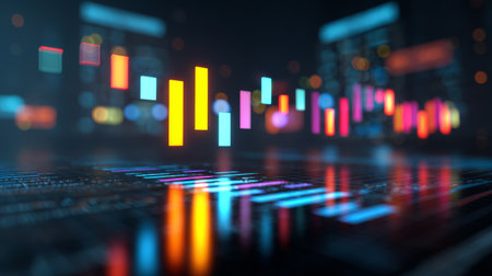 Colorful financial chart with glowing candlestick bars reflecting dark surface, showing dynamic market trends and data analysisの素材