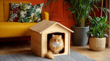 Fluffy orange cat sits comfortably inside wooden pet house rug near yellow sofa and green plants, creating cozy home atmosphereの素材