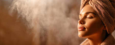 Young woman with towel wrapped on head enjoying facial steam treatment, relaxing with closed eyes in warm lightの素材