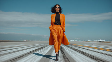 Confident woman walking on runway wearing orange coat and pants with black turtleneck and boots under blue skyの素材