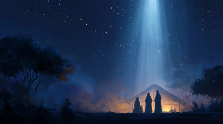 Nativity scene with three figures near glowing stable under starry night sky with bright light beam shining downの素材