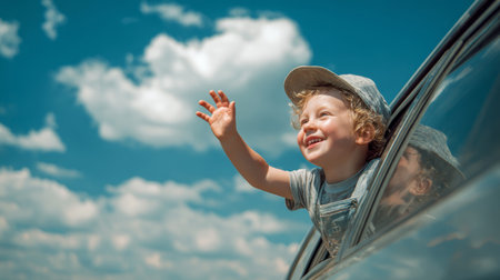 Happy child wearing cap leans out of car window reaching towards bright blue sky with fluffy clouds on sunny dayの素材