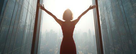 Silhouette of woman standing with arms raised in front of large window overlooking cityscape with tall buildings and sunlightの素材