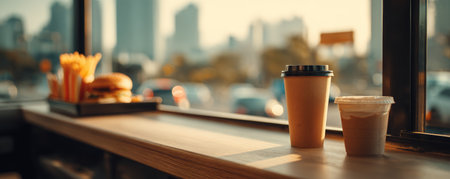 Coffee cup and iced drink on wooden table with blurred city background and fast food meal in warm sunlightの素材