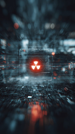 Glowing red radiation hazard symbol on digital futuristic interface with blurred background and light effectsの素材