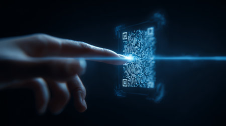 Touching digital QR code with finger, futuristic technology concept with glowing blue light and dark backgroundの素材