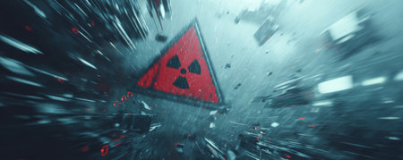 Radiation hazard warning sign with dynamic motion blur effect symbolizing danger and contamination in dark environmentの素材