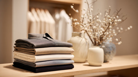 Folded shirt stack with neutral colors on wooden table with decorative vases and dried flowers in soft warm lightの素材