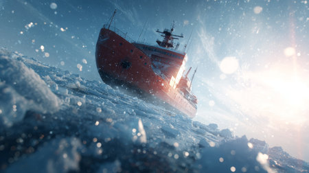 Icebreaker ship navigating through icy ocean with bright sunlight and snowflakes creating cold atmosphereの素材